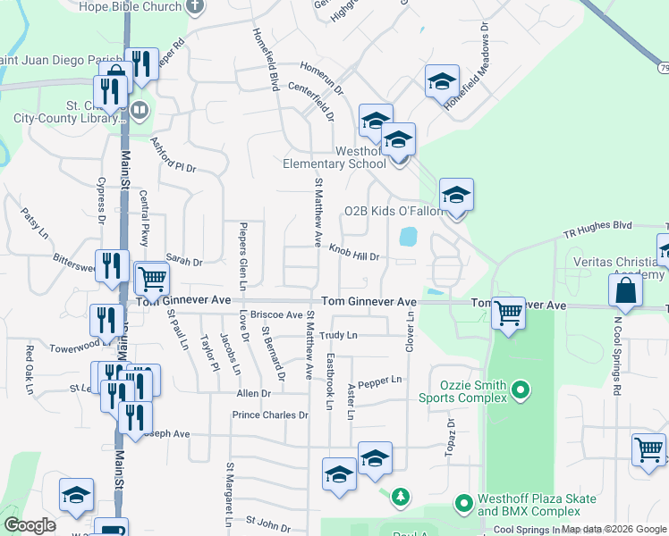 map of restaurants, bars, coffee shops, grocery stores, and more near 1063 Haven View Drive in O'Fallon