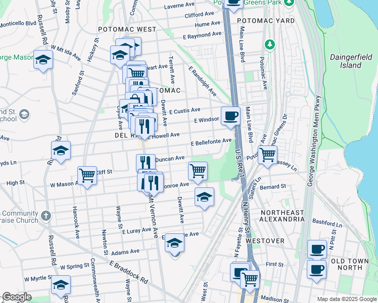 map of restaurants, bars, coffee shops, grocery stores, and more near 1808 Leslie Avenue in Alexandria