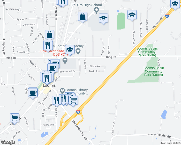 map of restaurants, bars, coffee shops, grocery stores, and more near 6318 David Avenue in Loomis
