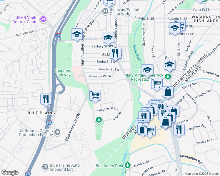 map of restaurants, bars, coffee shops, grocery stores, and more near 76 Galveston Street Southwest in Washington