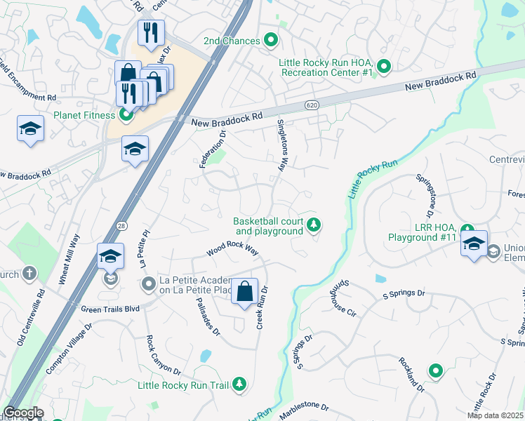 map of restaurants, bars, coffee shops, grocery stores, and more near 14035 Betsy Ross Lane in Centreville