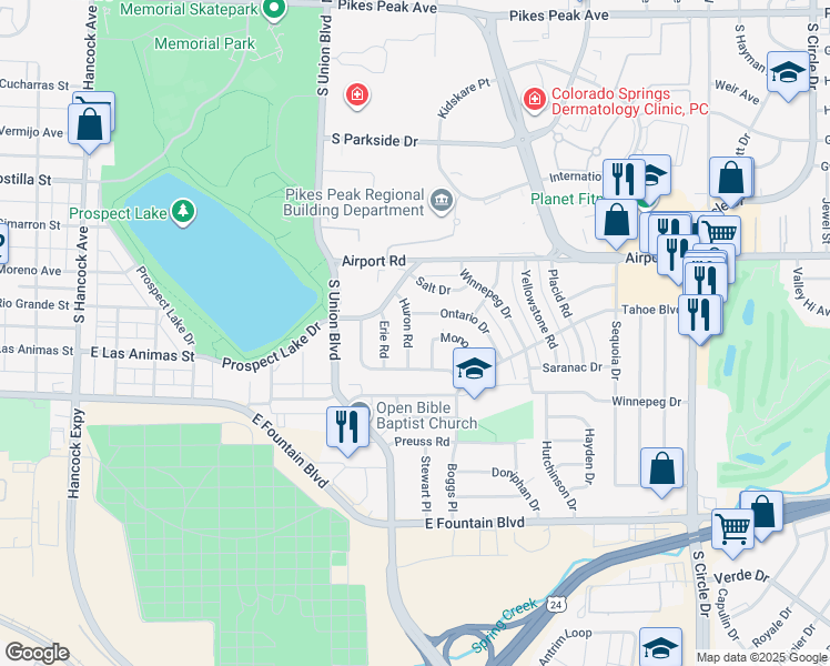 map of restaurants, bars, coffee shops, grocery stores, and more near 605 Huron Road in Colorado Springs