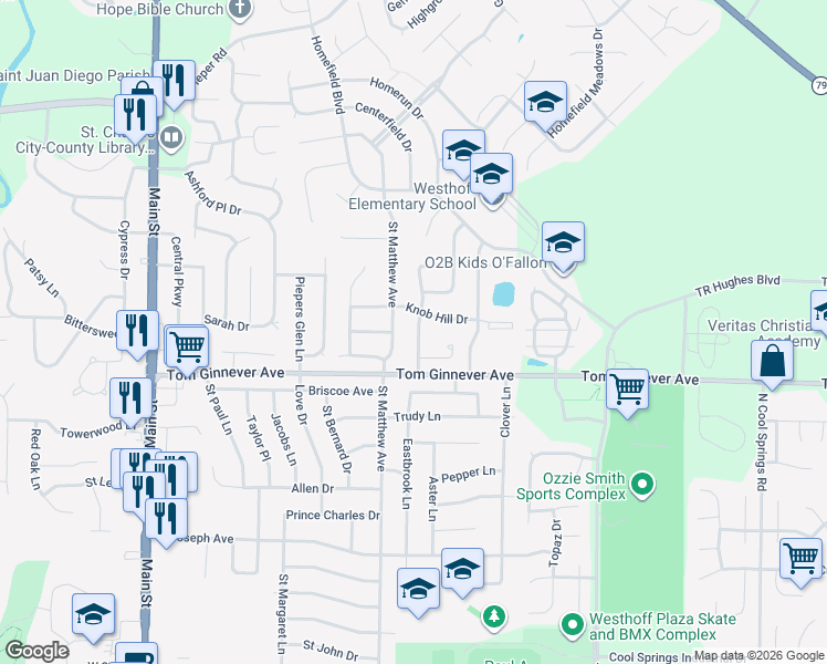 map of restaurants, bars, coffee shops, grocery stores, and more near 1062 Saint Matthew Avenue in O'Fallon