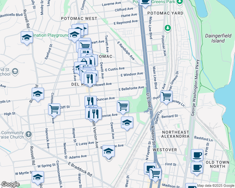 map of restaurants, bars, coffee shops, grocery stores, and more near 1808 Leslie Avenue in Alexandria