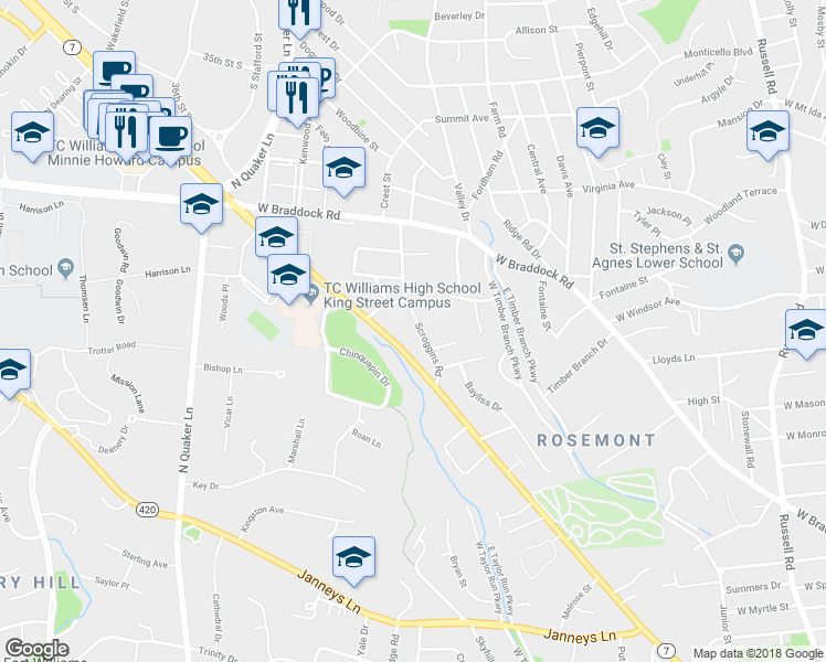 map of restaurants, bars, coffee shops, grocery stores, and more near 2016 Scroggins Road in Alexandria
