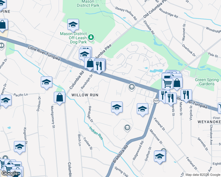 map of restaurants, bars, coffee shops, grocery stores, and more near 4609 Willow Run Drive in Annandale