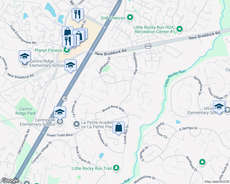 map of restaurants, bars, coffee shops, grocery stores, and more near 359 Betsy Ross Lane in Centreville