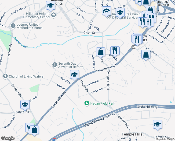 map of restaurants, bars, coffee shops, grocery stores, and more near 4855 Saint Barnabas Road in Temple Hills