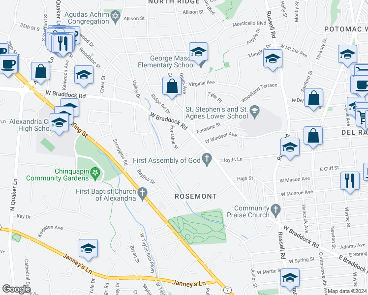 map of restaurants, bars, coffee shops, grocery stores, and more near 718 Fontaine Street in Alexandria