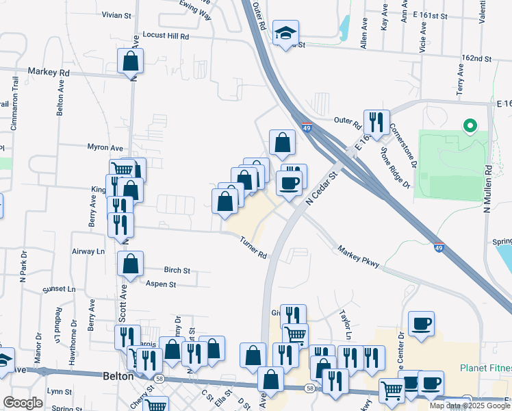 map of restaurants, bars, coffee shops, grocery stores, and more near 539 Markey Parkway in Belton