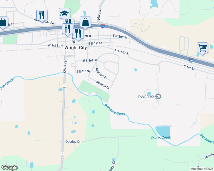 map of restaurants, bars, coffee shops, grocery stores, and more near 241 Kerland Drive in Wright City