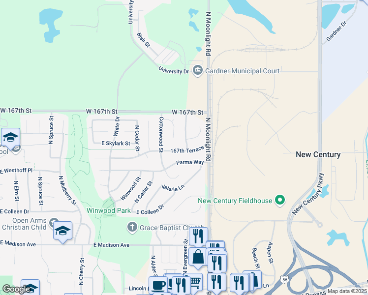 map of restaurants, bars, coffee shops, grocery stores, and more near 736 167th Terrace in Gardner