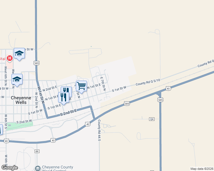 map of restaurants, bars, coffee shops, grocery stores, and more near 90 East 7th Street North in Cheyenne Wells