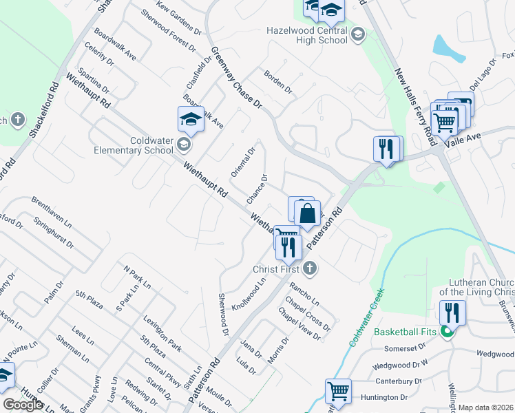 map of restaurants, bars, coffee shops, grocery stores, and more near 2900 Chance Drive in Florissant