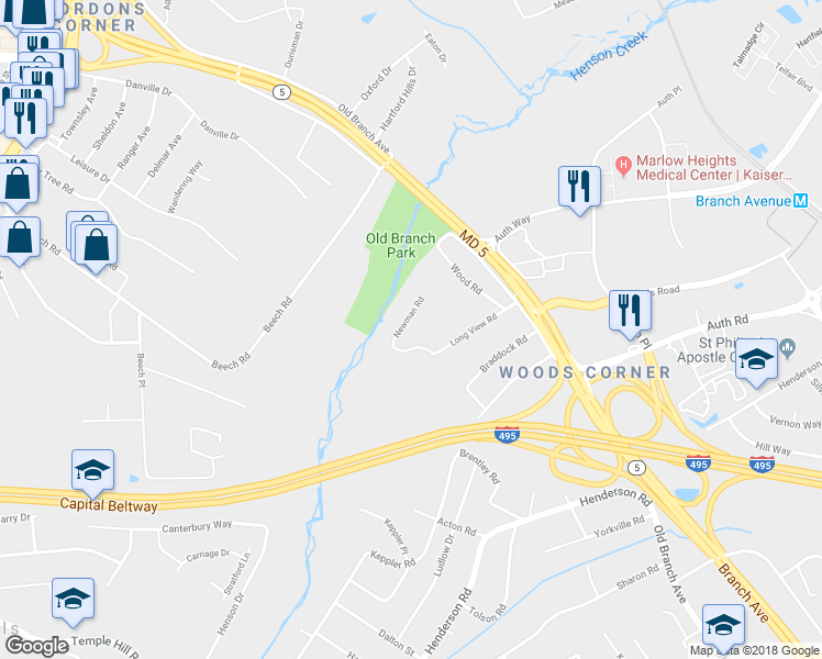 map of restaurants, bars, coffee shops, grocery stores, and more near 4800 Newman Road in Temple Hills