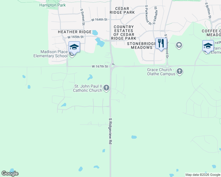 map of restaurants, bars, coffee shops, grocery stores, and more near 16735 South Ridgeview Road in Olathe