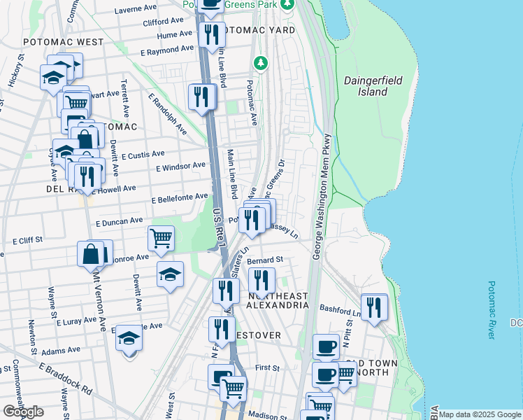 map of restaurants, bars, coffee shops, grocery stores, and more near 1607B Potomac Greens Drive in Alexandria