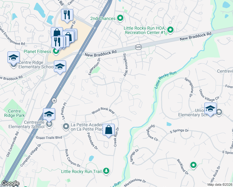 map of restaurants, bars, coffee shops, grocery stores, and more near 14033 Betsy Ross Lane in Centreville