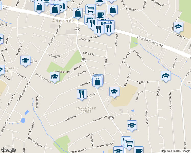 map of restaurants, bars, coffee shops, grocery stores, and more near 7109 Cindy Lane in Annandale