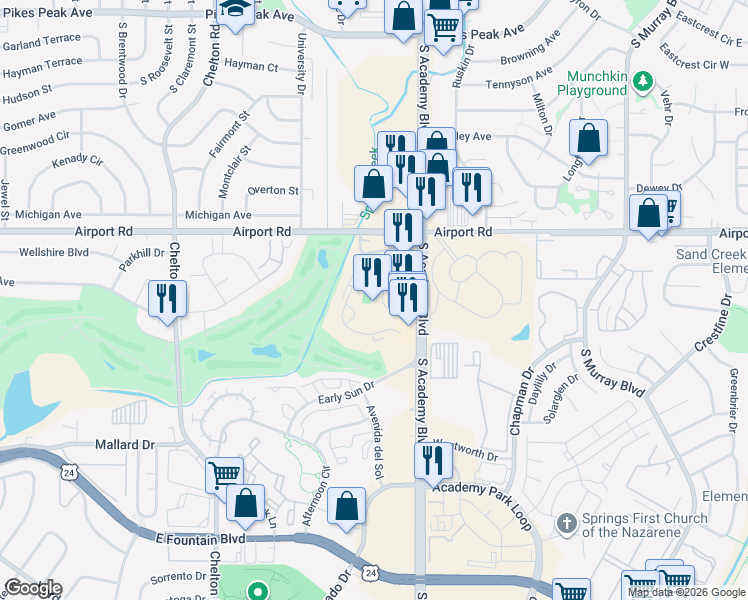 map of restaurants, bars, coffee shops, grocery stores, and more near 411 Lakewood Circle in Colorado Springs