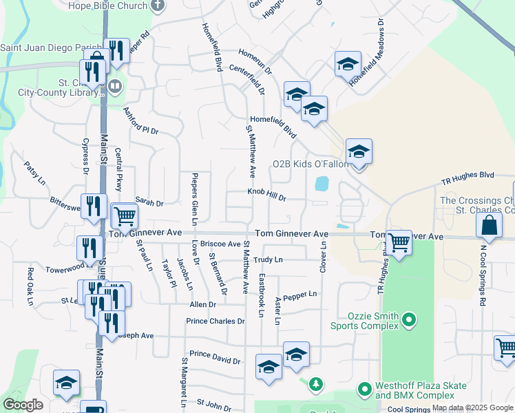 map of restaurants, bars, coffee shops, grocery stores, and more near 1062 Saint Matthew Avenue in O'Fallon