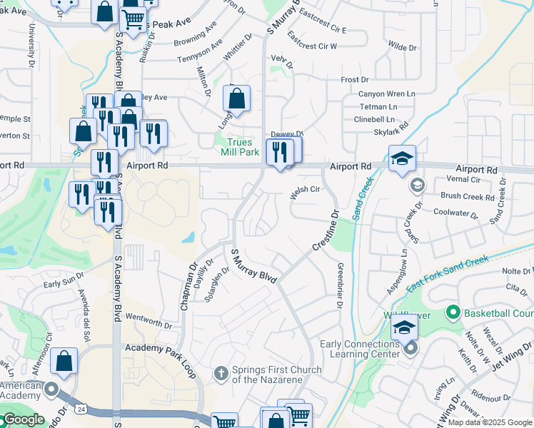 map of restaurants, bars, coffee shops, grocery stores, and more near 747 Cima Vista Point in Colorado Springs