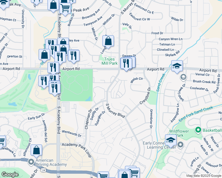 map of restaurants, bars, coffee shops, grocery stores, and more near 647 Cima Vista Point in Colorado Springs