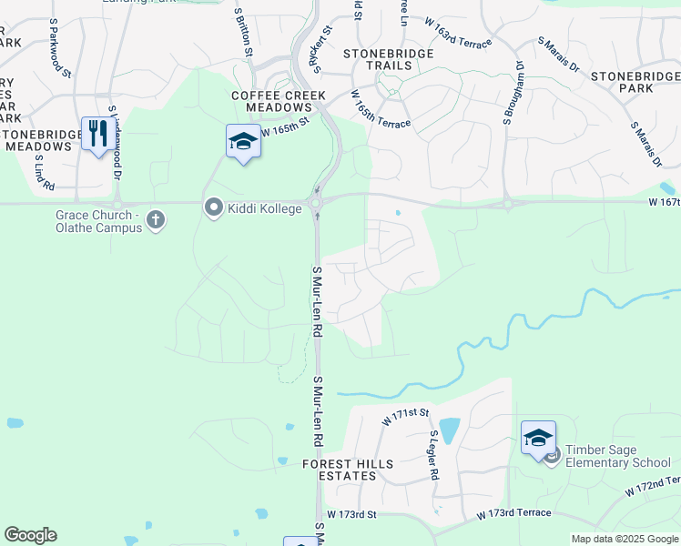 map of restaurants, bars, coffee shops, grocery stores, and more near 16441 West 168th Place in Olathe