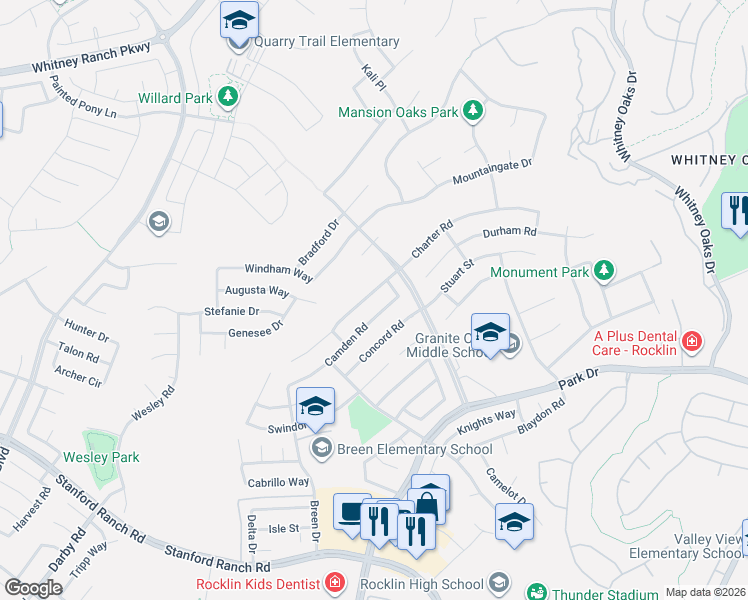 map of restaurants, bars, coffee shops, grocery stores, and more near 5116 Camden Road in Rocklin