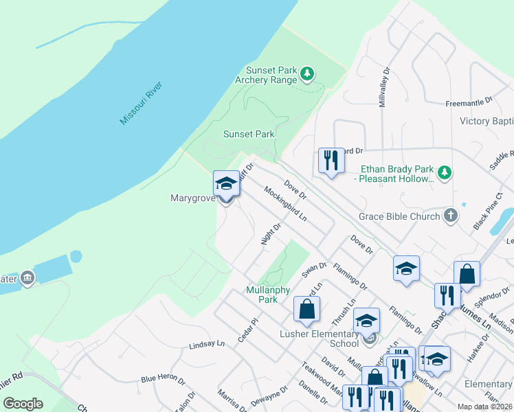map of restaurants, bars, coffee shops, grocery stores, and more near 2700 Flamingo Drive in Florissant