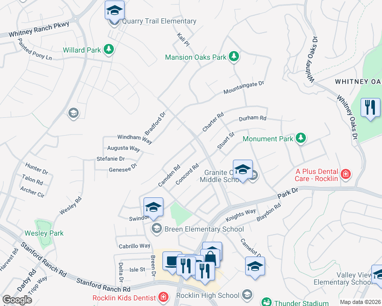 map of restaurants, bars, coffee shops, grocery stores, and more near 5116 Camden Road in Rocklin
