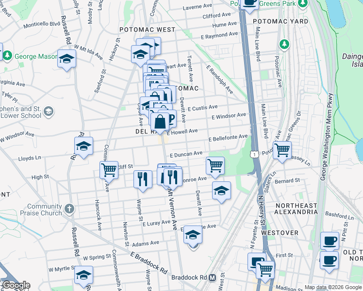 map of restaurants, bars, coffee shops, grocery stores, and more near 217 East Bellefonte Avenue in Alexandria