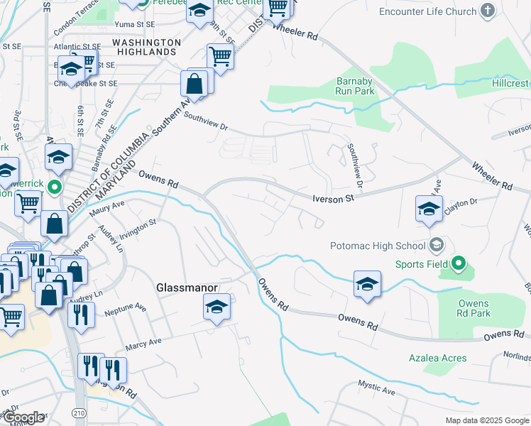 map of restaurants, bars, coffee shops, grocery stores, and more near 1408 Estelle Drive in Oxon Hill-Glassmanor