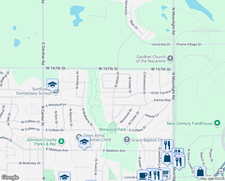 map of restaurants, bars, coffee shops, grocery stores, and more near 601 East Skylark Street in Gardner