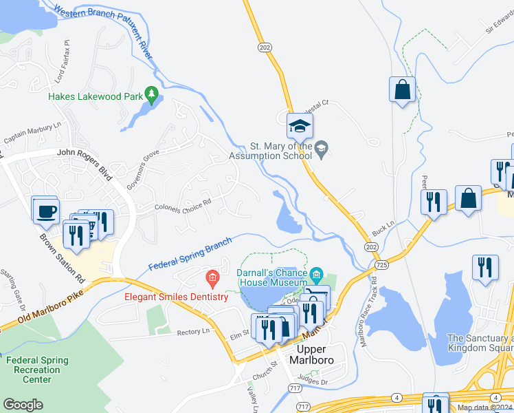 map of restaurants, bars, coffee shops, grocery stores, and more near 4719 Colonel Darnell Place in Upper Marlboro