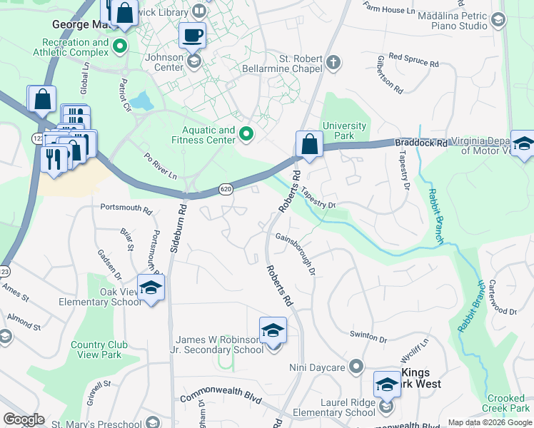map of restaurants, bars, coffee shops, grocery stores, and more near 4818 Treasure Court in Fairfax