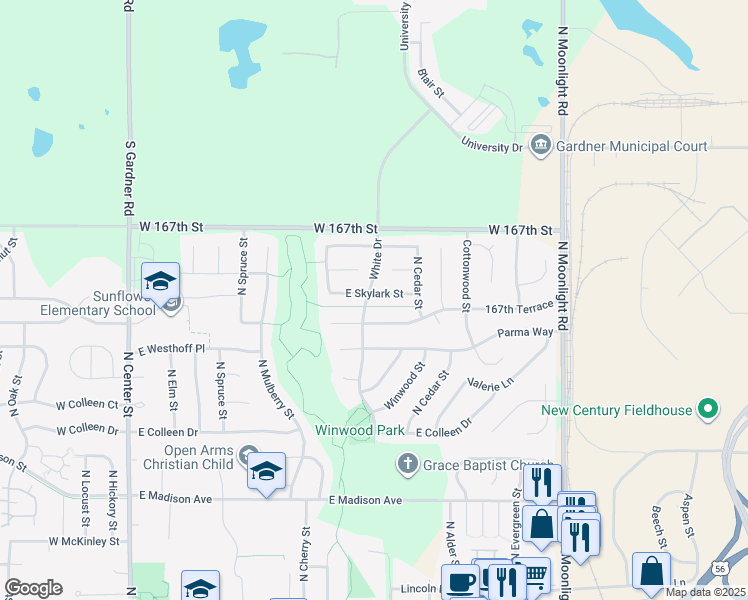 map of restaurants, bars, coffee shops, grocery stores, and more near 601 East Skylark Street in Gardner