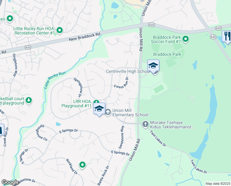 map of restaurants, bars, coffee shops, grocery stores, and more near 13604 Moss Glen Road in Clifton
