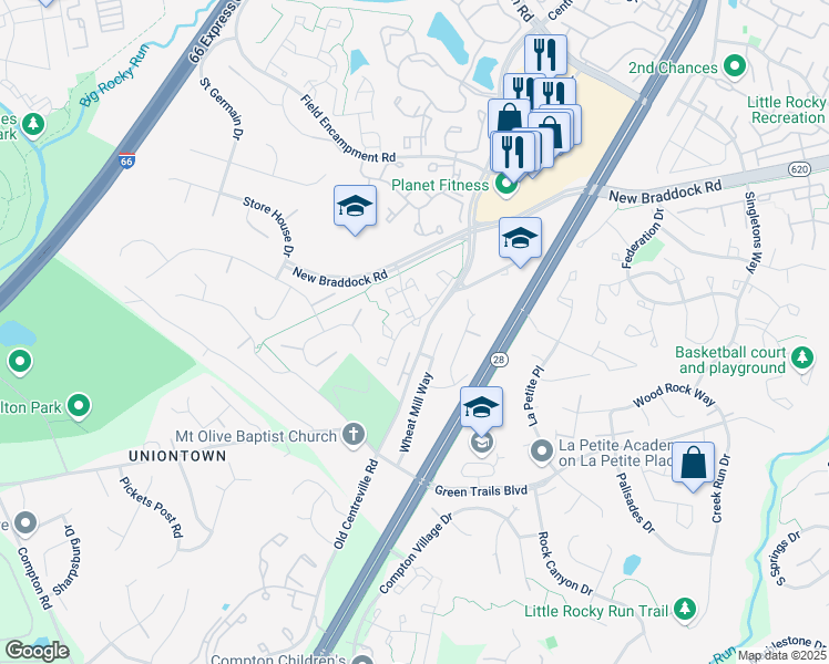 map of restaurants, bars, coffee shops, grocery stores, and more near 6479 Sharps Drive in Centreville