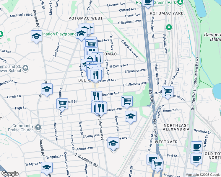 map of restaurants, bars, coffee shops, grocery stores, and more near 1807 Dewitt Avenue in Alexandria