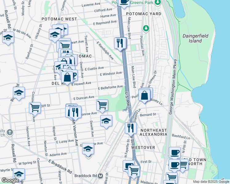 map of restaurants, bars, coffee shops, grocery stores, and more near 524 East Duncan Avenue in Alexandria