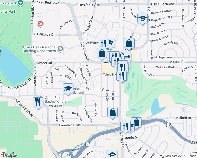 map of restaurants, bars, coffee shops, grocery stores, and more near 622 Sequoia Drive in Colorado Springs