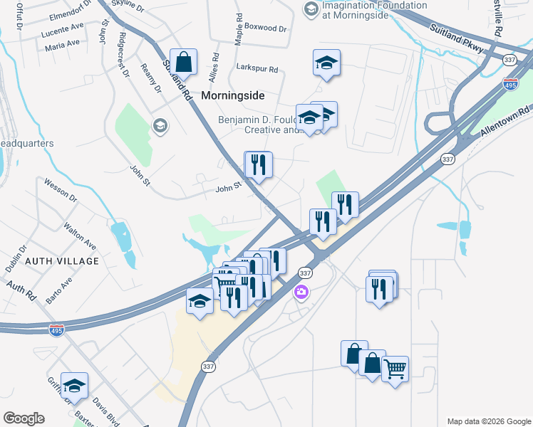 map of restaurants, bars, coffee shops, grocery stores, and more near 6815 Suitland Road in Morningside