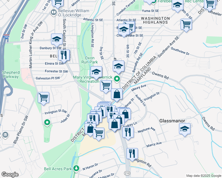 map of restaurants, bars, coffee shops, grocery stores, and more near 4622 Livingston Road Southeast in Washington