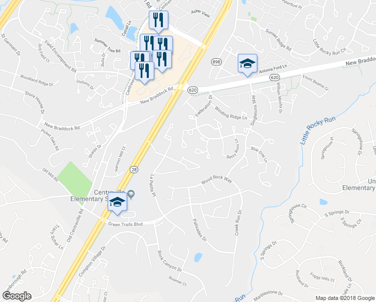 map of restaurants, bars, coffee shops, grocery stores, and more near 14177 Red River Drive in Centreville