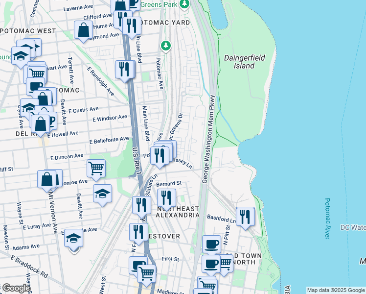 map of restaurants, bars, coffee shops, grocery stores, and more near 1620 Hunting Creek Drive in Alexandria