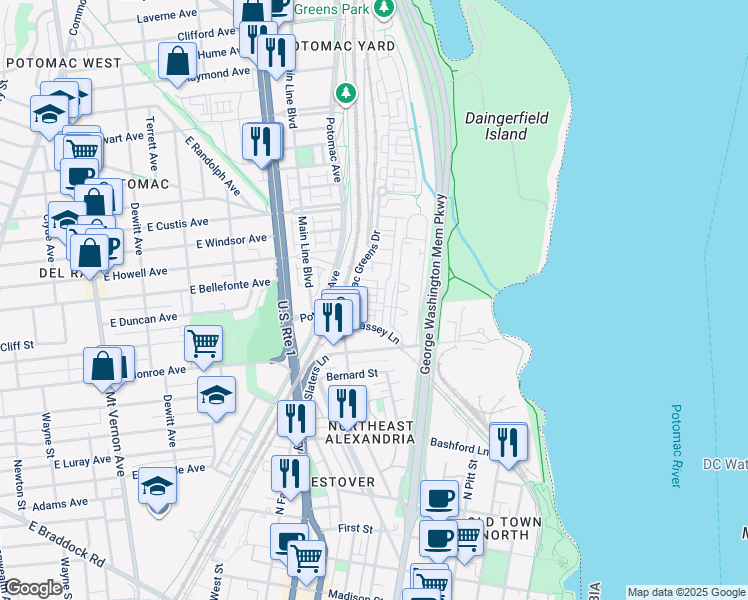 map of restaurants, bars, coffee shops, grocery stores, and more near 701 Norfolk Lane in Alexandria