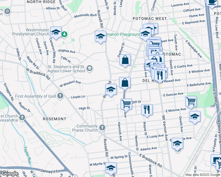 map of restaurants, bars, coffee shops, grocery stores, and more near 106 West Howell Avenue in Alexandria