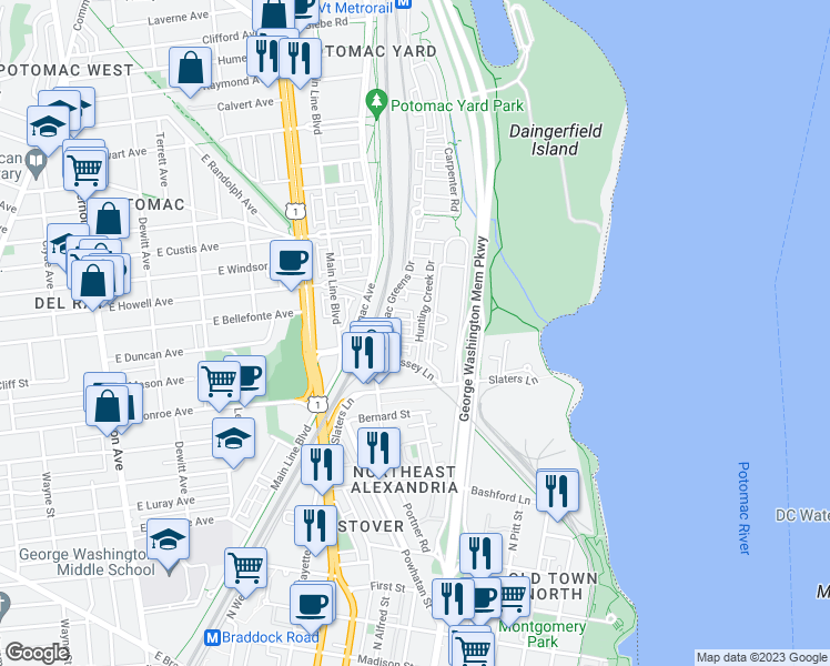 map of restaurants, bars, coffee shops, grocery stores, and more near 1620 Hunting Creek Drive in Alexandria