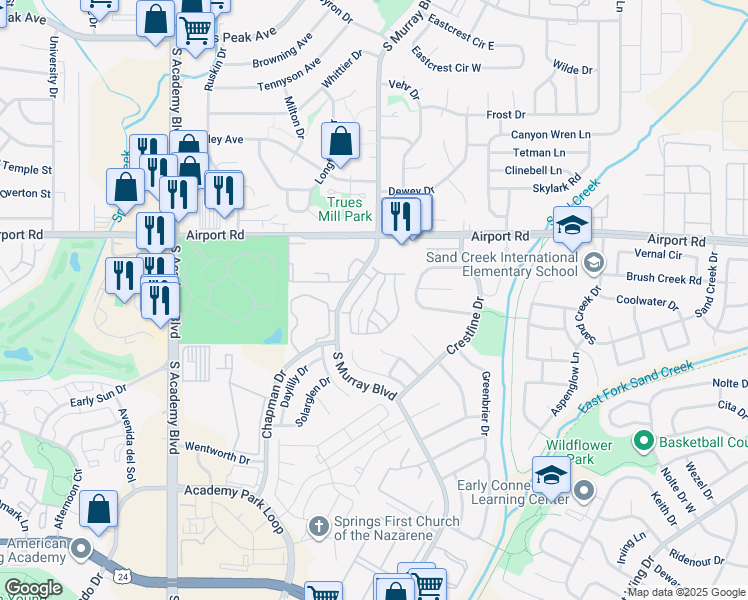 map of restaurants, bars, coffee shops, grocery stores, and more near 647 Cima Vista Point in Colorado Springs